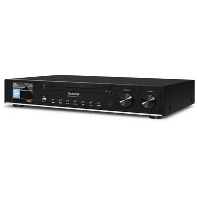 A black hi-fi amplifier with a display and multiple rotary knobs on the front, suitable for a home audio system.