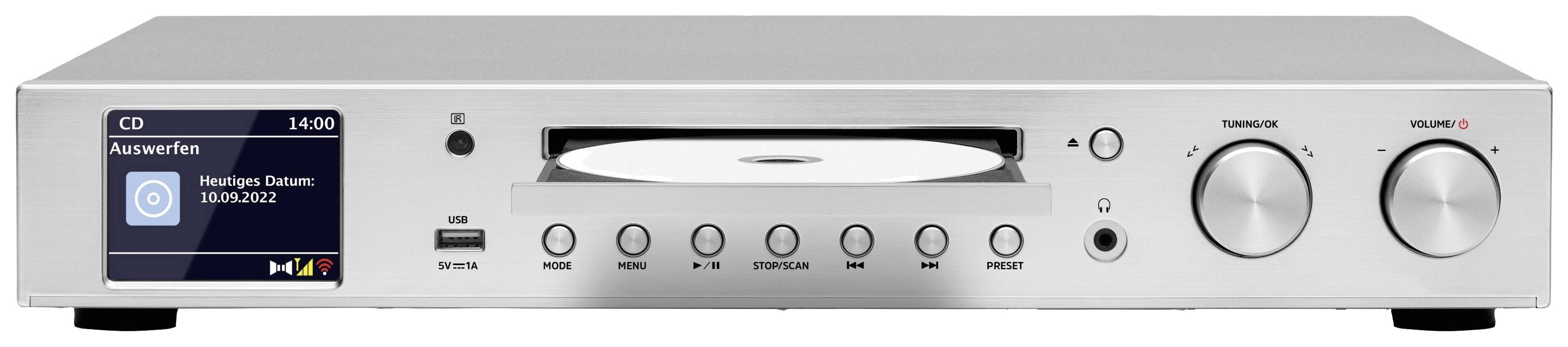 TechniSat DIGITRADIO 143 CD Radio adapter DAB, DAB+, Internet, FM AUX, Bluetooth, CD, USB, Wi-Fi, Internet radio Incl. remote control, Alarm clock Silver