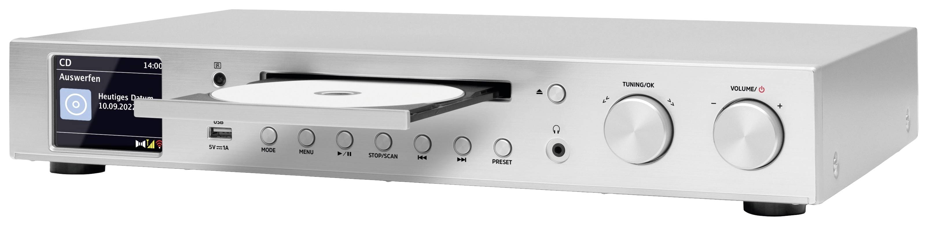 Modern silver CD player with open tray, display showing 'Wolfgang Amadeus Mozart', control buttons and two rotary knobs.