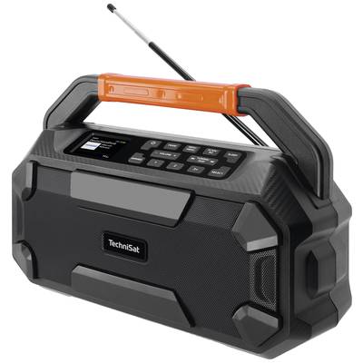 A portable radio by TechniSat with an orange handle, black speakers, and an extendable aerial on the top.
