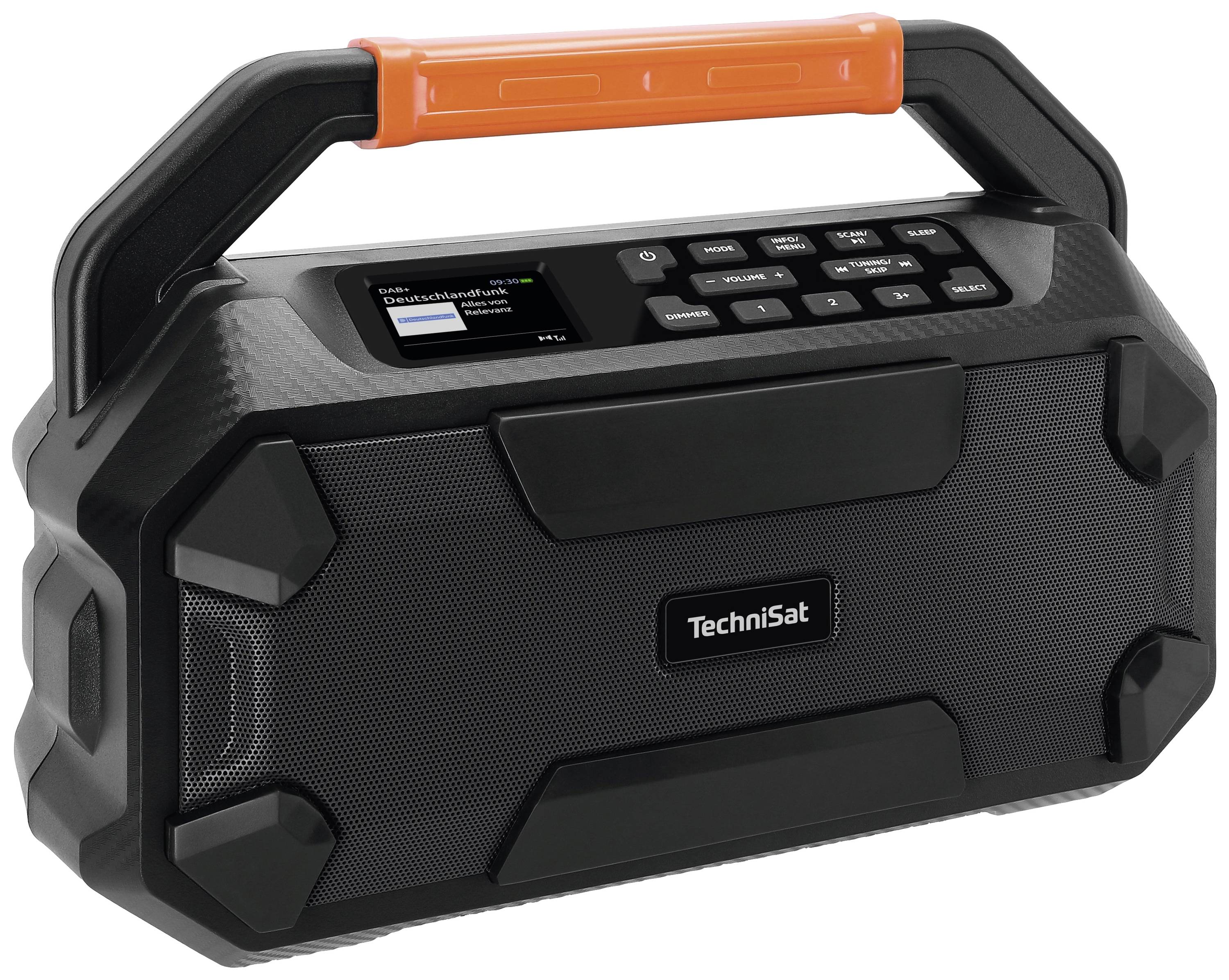 Black portable radio with orange handle, display and control buttons on top, 'TechniSat' brand visible on the front.