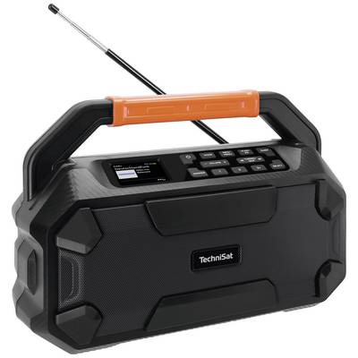 Portable digital radio with display, speakers, and orange handle. Branded 'TechniSat'. Suitable for outdoor use.