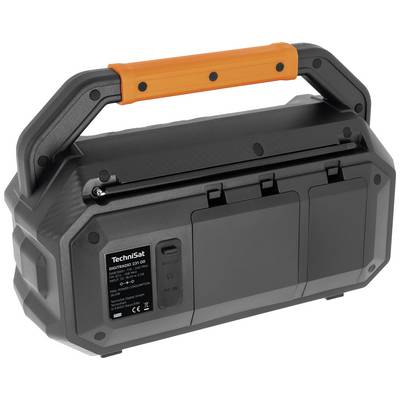 Portable digital radio with a robust casing and orange carrying handle. Displays brand name and model number on the front.