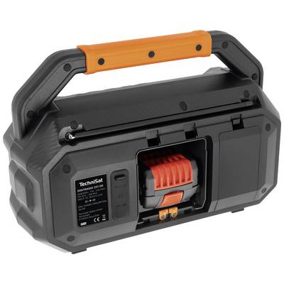 Portable radio with an orange handle and visible battery. Brand name and model number displayed on the side. Robust and mobile.