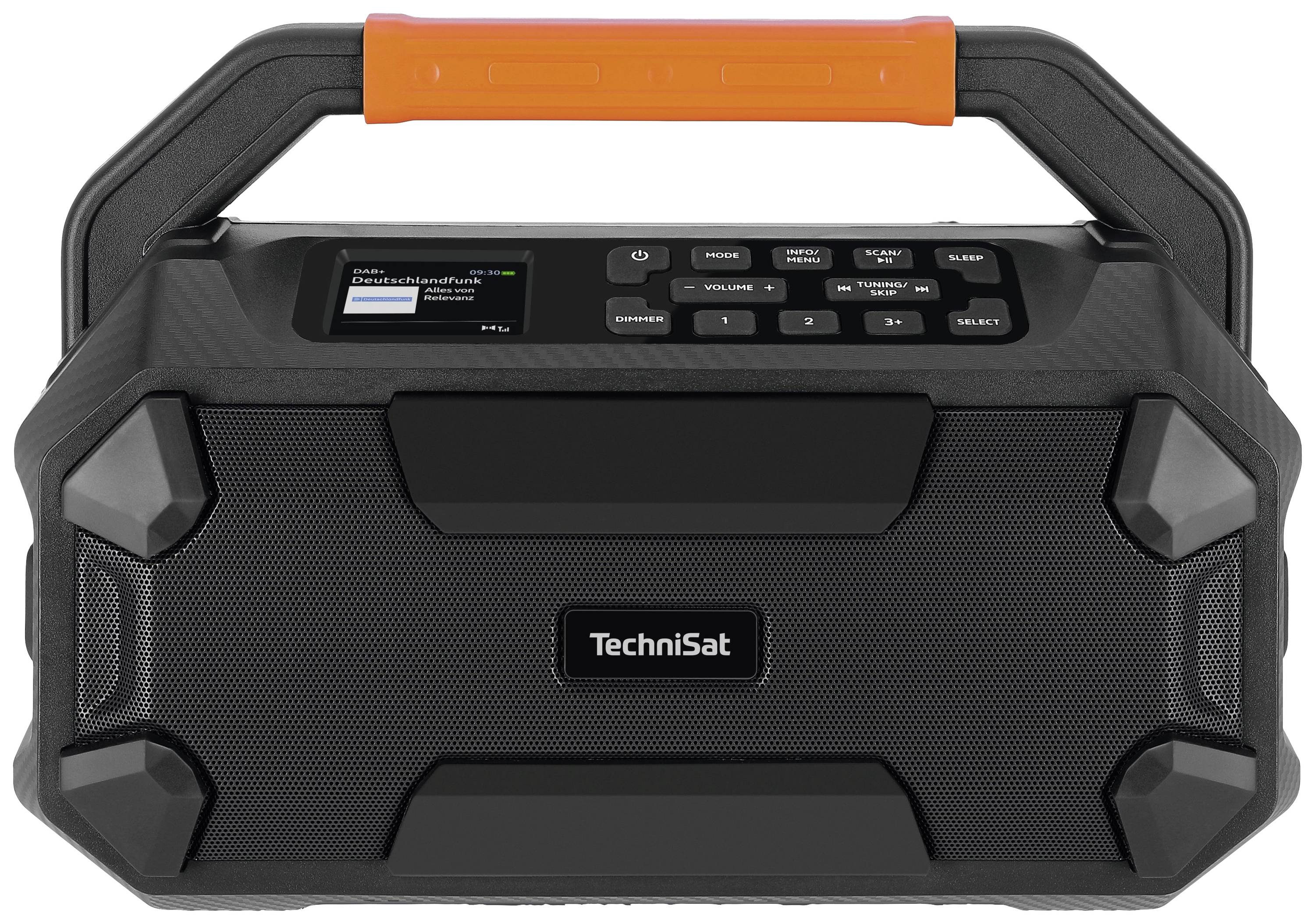 A portable, black radio with an orange handle and control buttons on top. Model name 'TechniSat' on the front.