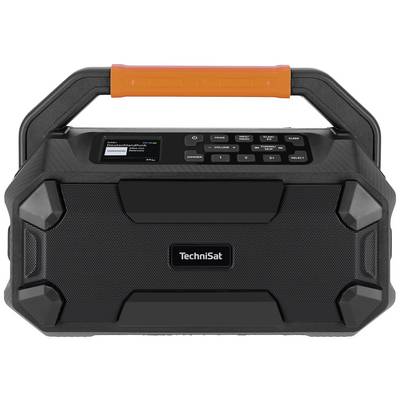 A portable, black radio with an orange handle and control buttons on top. Model name 'TechniSat' on the front.