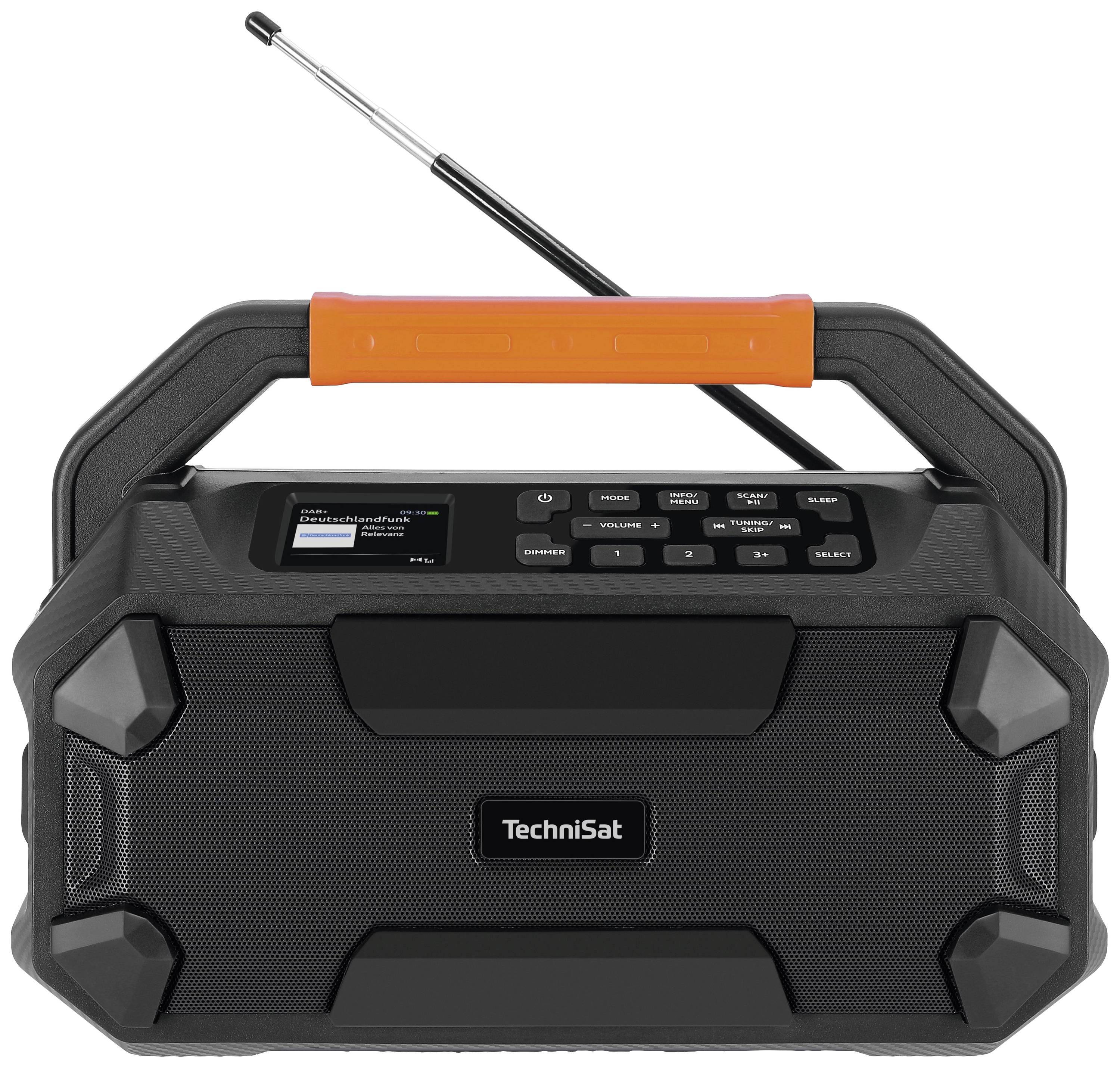 A portable radio with a robust design, an orange handle, and an extendable aerial. The display shows station information.