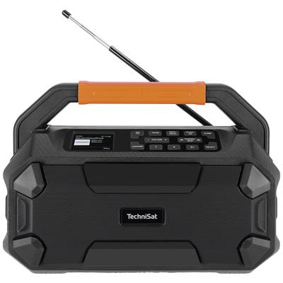 A portable radio with a robust design, an orange handle, and an extendable aerial. The display shows station information.