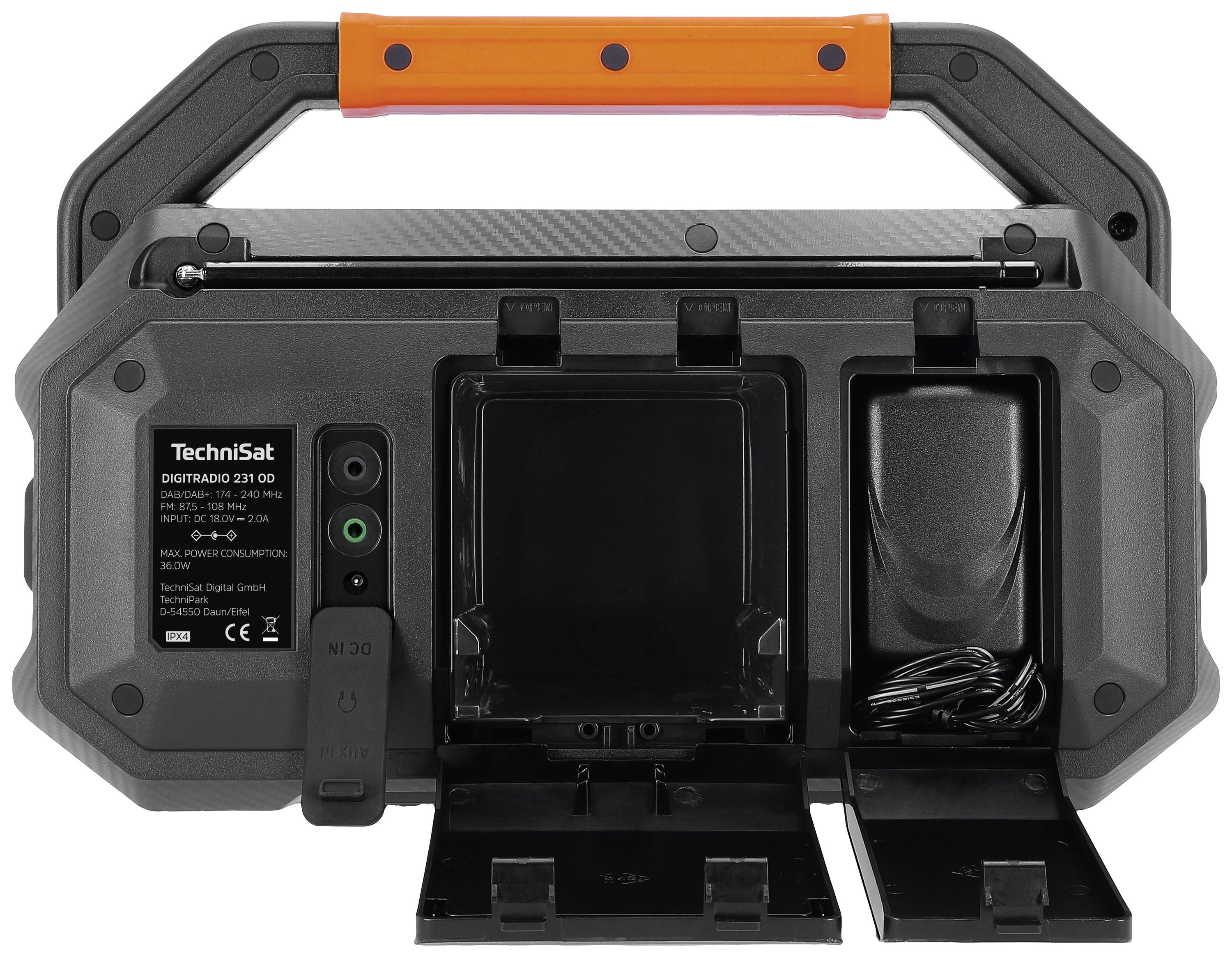 Rear view of a portable device with a handle. Visible are connections and compartments for cable storage, with the inscription 'TechniSat'.