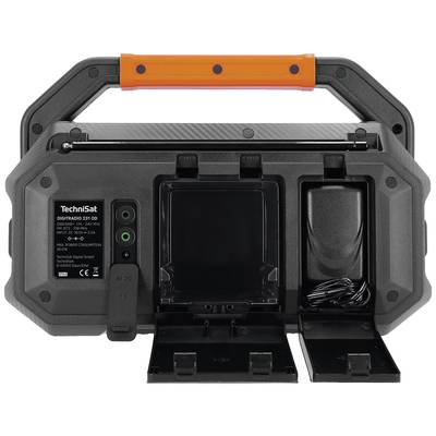 Rear view of a portable device with a handle. Visible are connections and compartments for cable storage, with the inscription 'TechniSat'.
