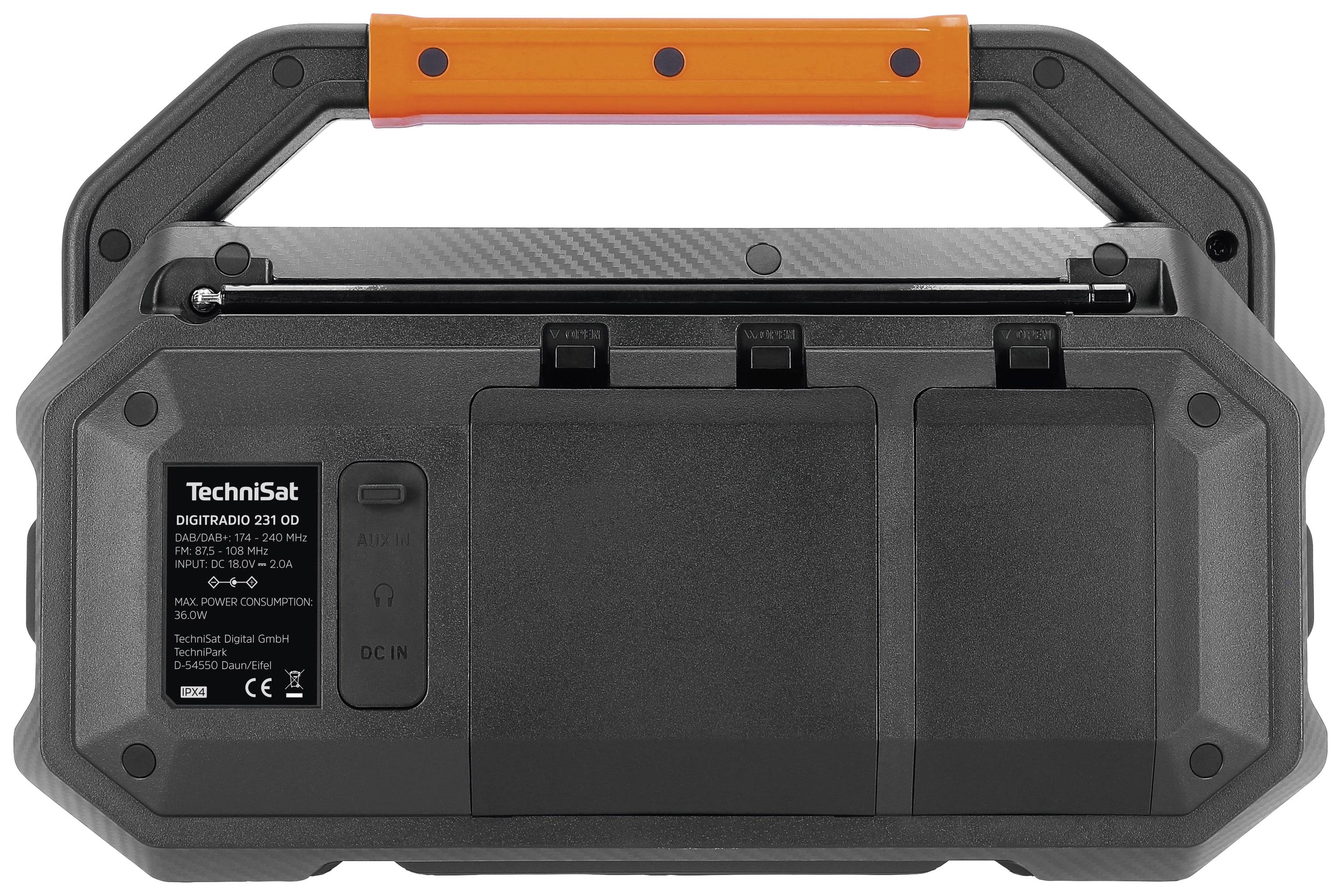 Portable radio with an orange handle. Back view showing connections and serial number. Brand name 'TechniSat' visible.