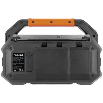 Portable radio with an orange handle. Back view showing connections and serial number. Brand name 'TechniSat' visible.
