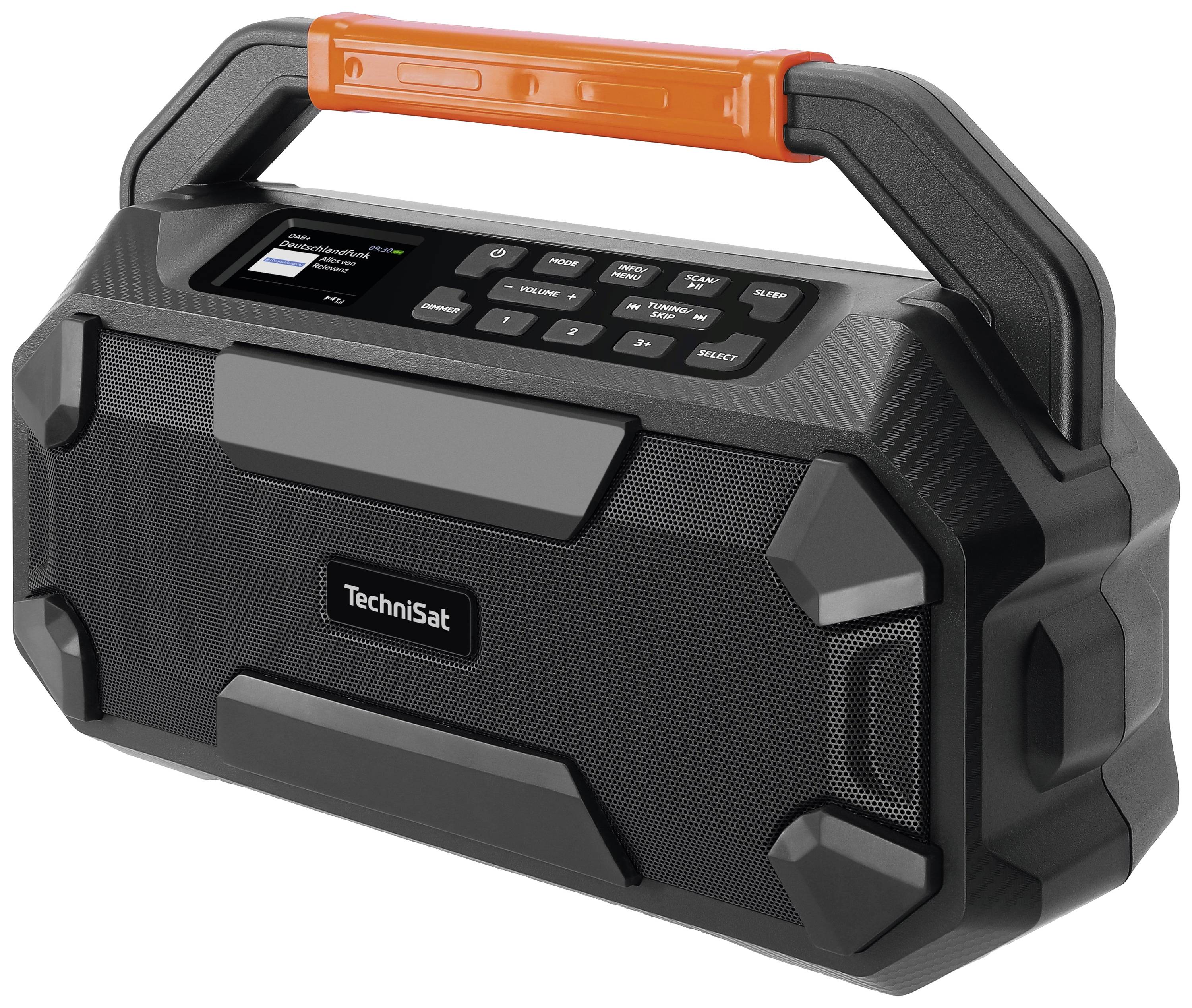 Portable black speaker with an orange handle, digital display, and multiple control buttons on the top surface.