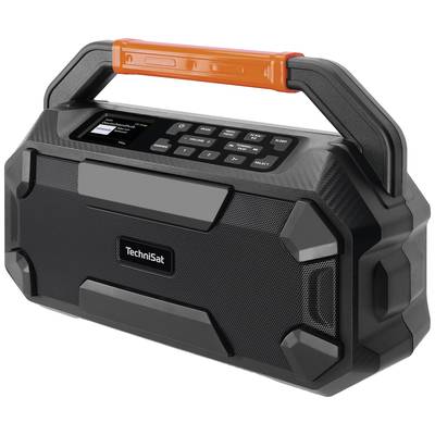 Portable black speaker with an orange handle, digital display, and multiple control buttons on the top surface.