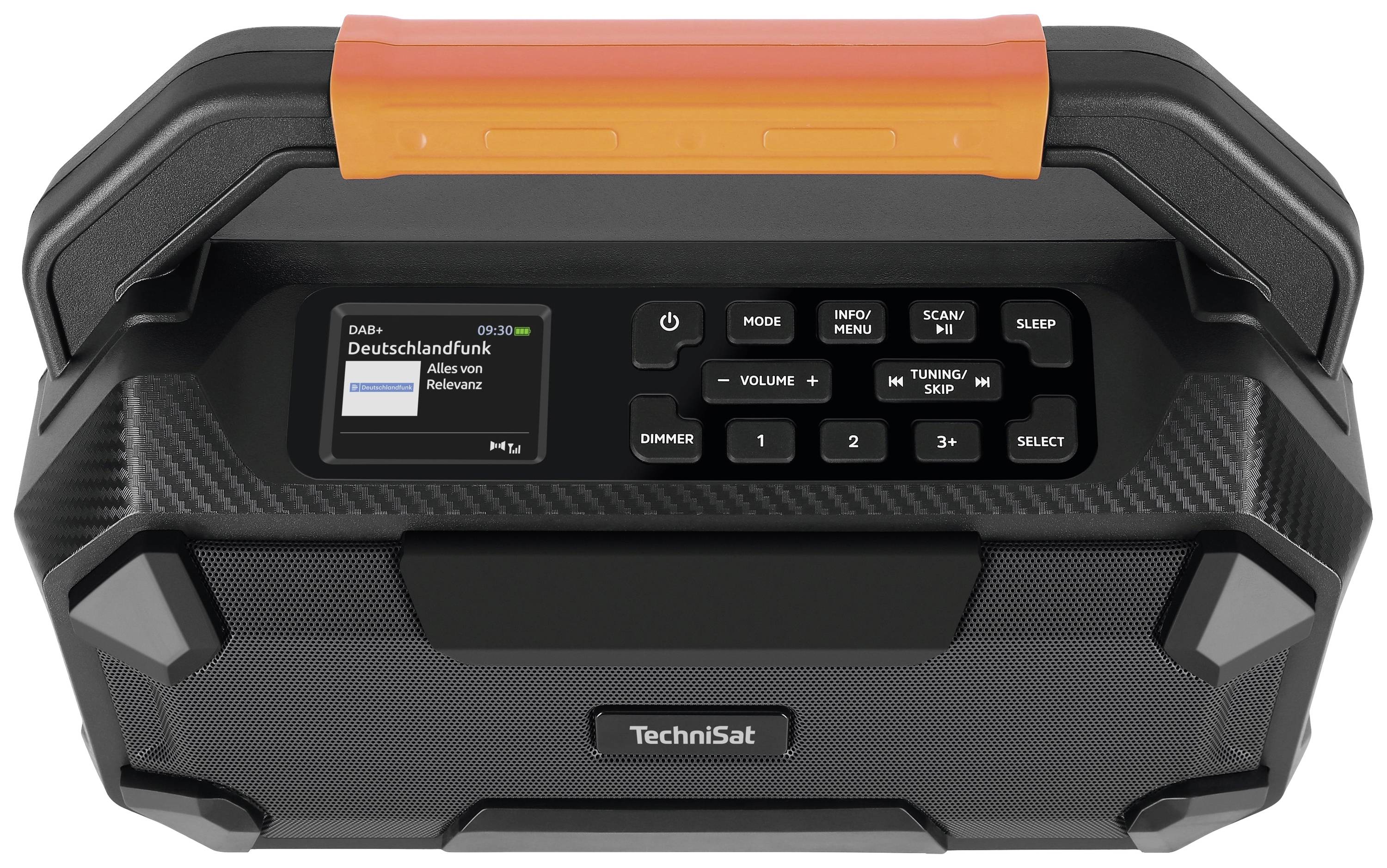 Portable radio with LCD display. The screen shows 'Deutschlandfunk' and the time 06:30. Control buttons for volume and station selection.