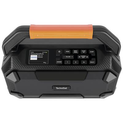 Portable radio with LCD display. The screen shows 'Deutschlandfunk' and the time 06:30. Control buttons for volume and station selection.