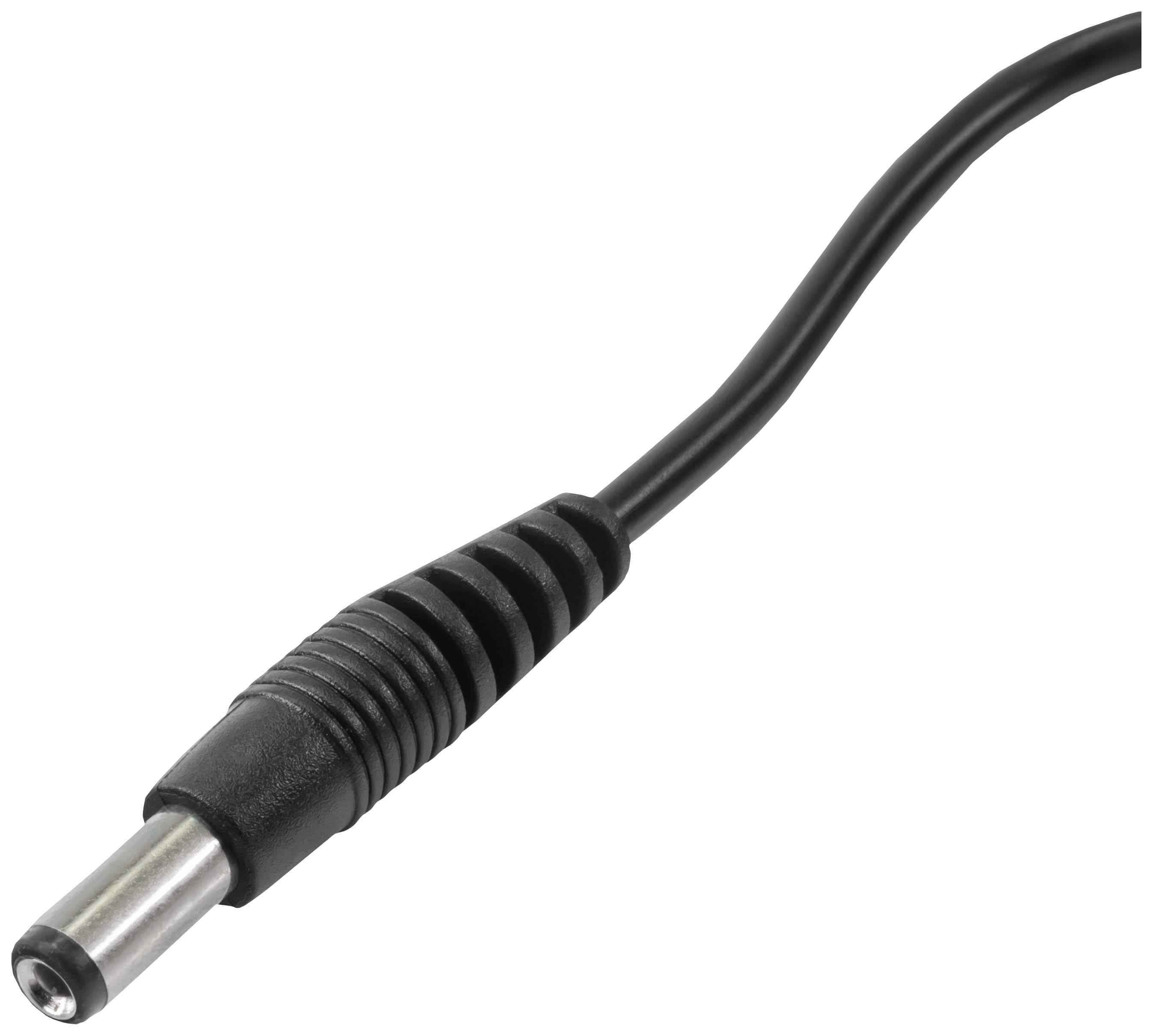 Black power cable with a cylindrical connector plug, typically used for electronic devices such as laptops or power adapters.