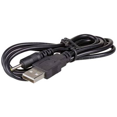 A black USB cable with a USB-A plug and a coaxial plug, suitable for powering small devices.