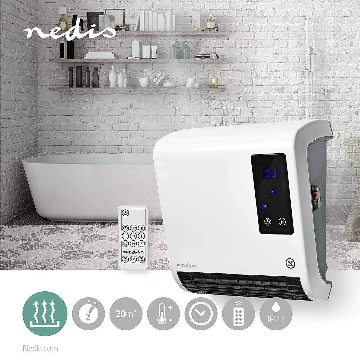 Modern heating with LED display in the bathroom, showing temperature. Includes remote control. Suitable for rooms up to 20 square metres.