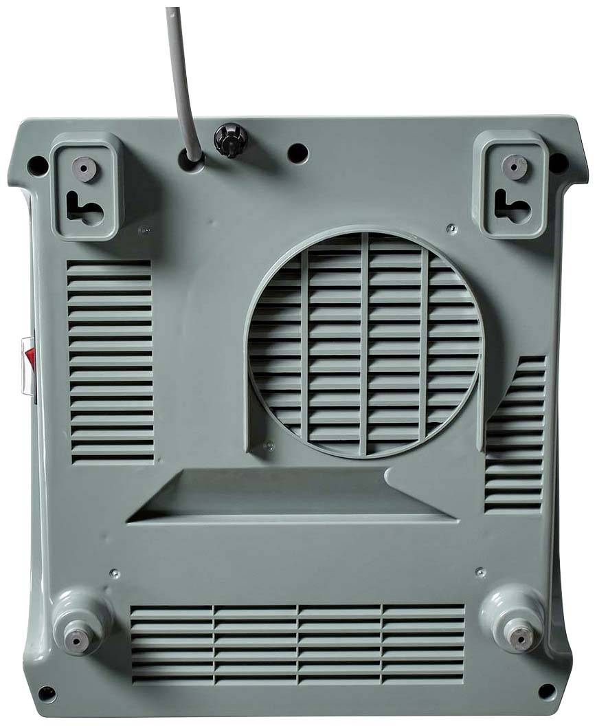 A grey, square device with ventilation slots, two rotary knobs, and a cable. Possibly an electrical household appliance.
