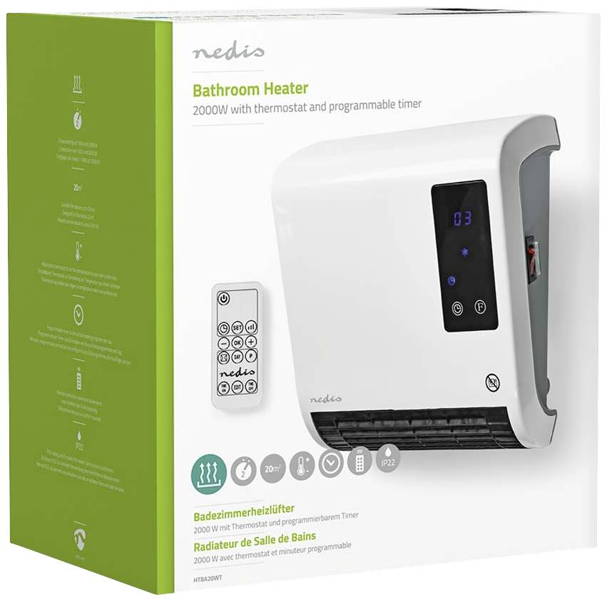 White Bathroom Radiator with Thermostat and Programmable Timer. Includes Remote Control; manufactured by Nedis. Packaging Text in English, German and French.