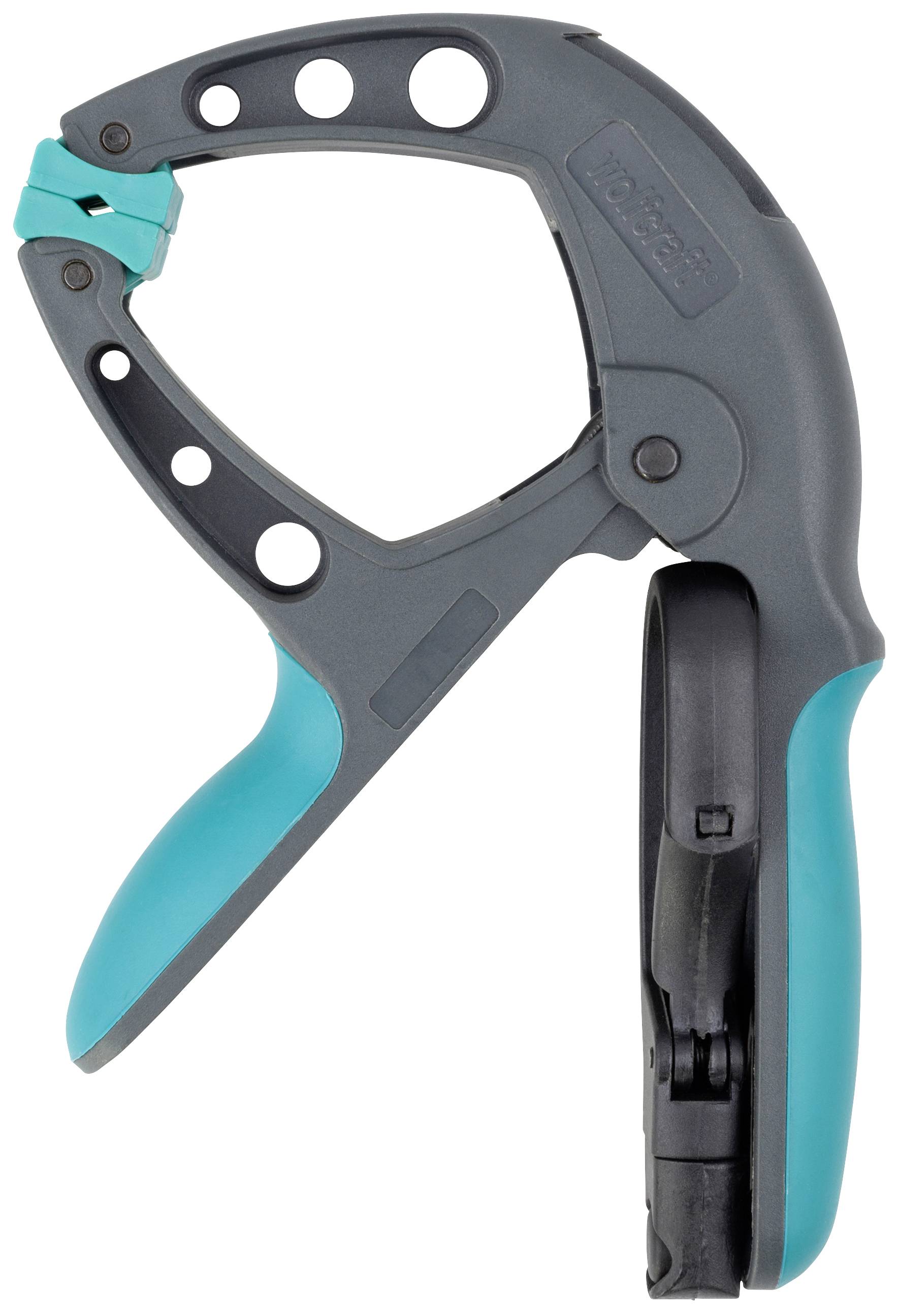A grey plastic clip with turquoise accents, suitable for securing objects.