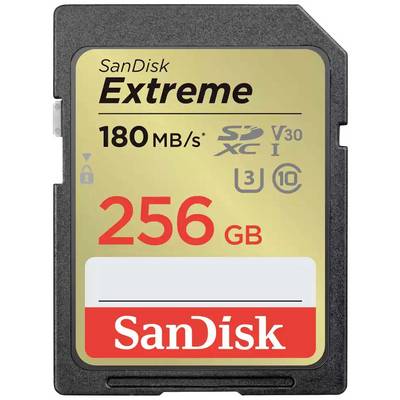 SanDisk Extreme 256 GB SD Card, read speed 180 MB/s, suitable for 4K video recordings and rapid photo capture.