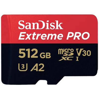 'SanDisk Extreme PRO' memory card with 512 GB. Suitable for fast data transfer and high-performance applications.