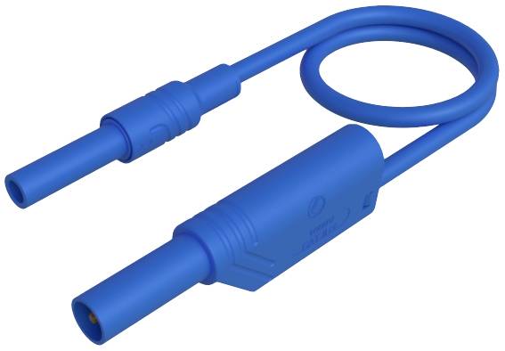 Blue electrical cable with two connectors, one straight, the other bent into a circle; suitable for power connection.