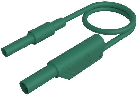 A green electrical cable with a U-shaped plug on one side and a straight plug on the other.
