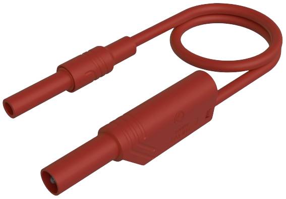 Red rapid charging cable with two plugs and a cable loop; used for connecting electrical devices.