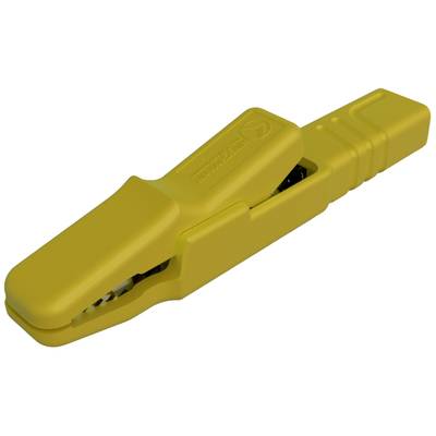 A yellow plastic crocodile clip used for safely and securely gripping electrical contacts in various applications.