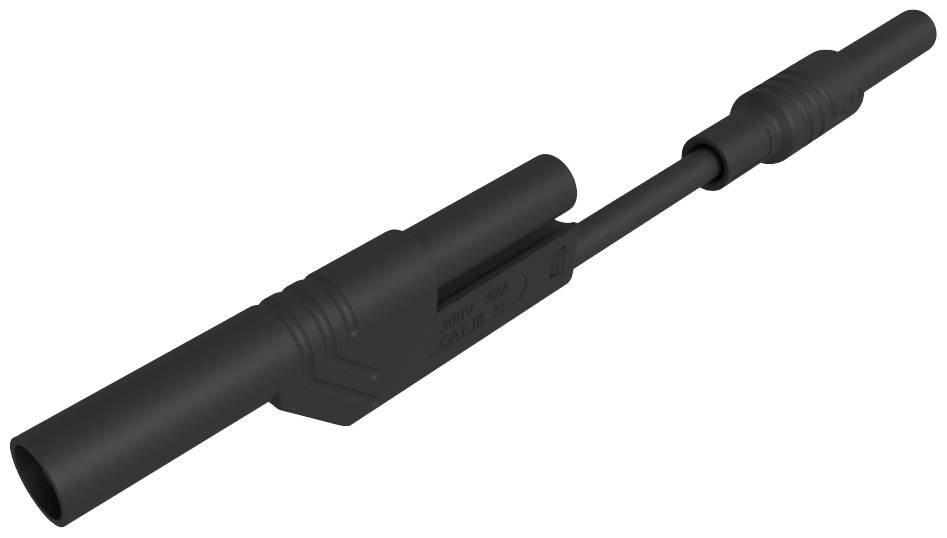 A black connector consisting of two tubes with a central section. Used for electrical connections.