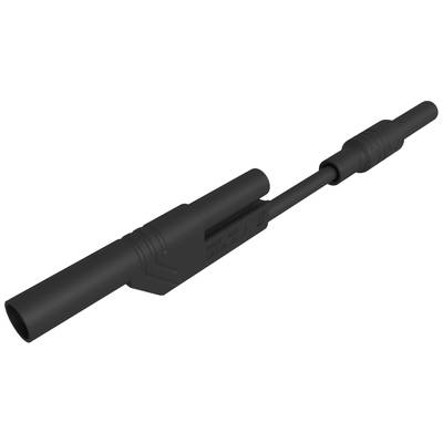 A black connector consisting of two tubes with a central section. Used for electrical connections.