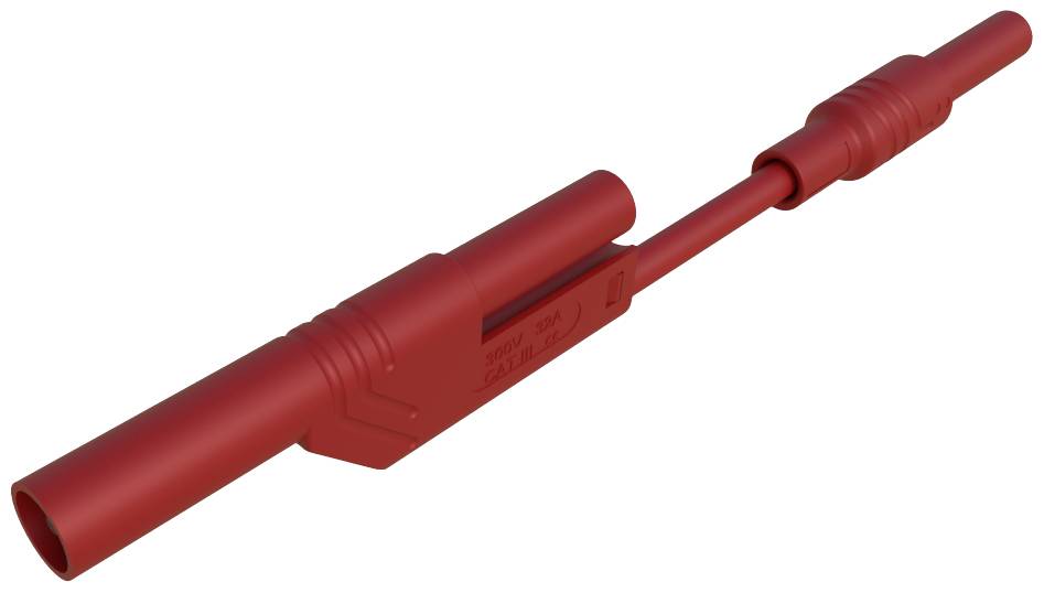 Red test plug with socket and connection for electrical tests, shown assembled on a white background.