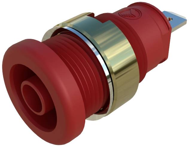 Red industrial switch with metal ring, suitable for machine controls and safety applications.