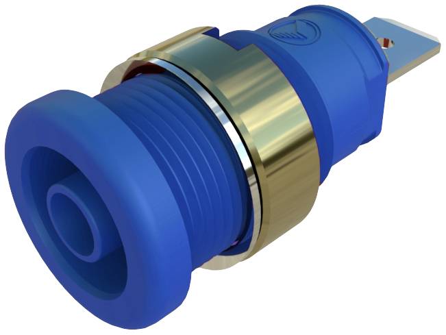 Blue push button switch with gold-coloured metal ring and red contact base. Suitable for electrical circuits and devices.