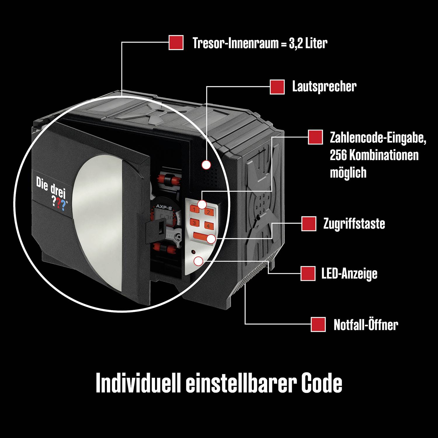 Safe with 3.2 litre internal capacity. Equipped with speaker, LED display, number code entry, and emergency opener.