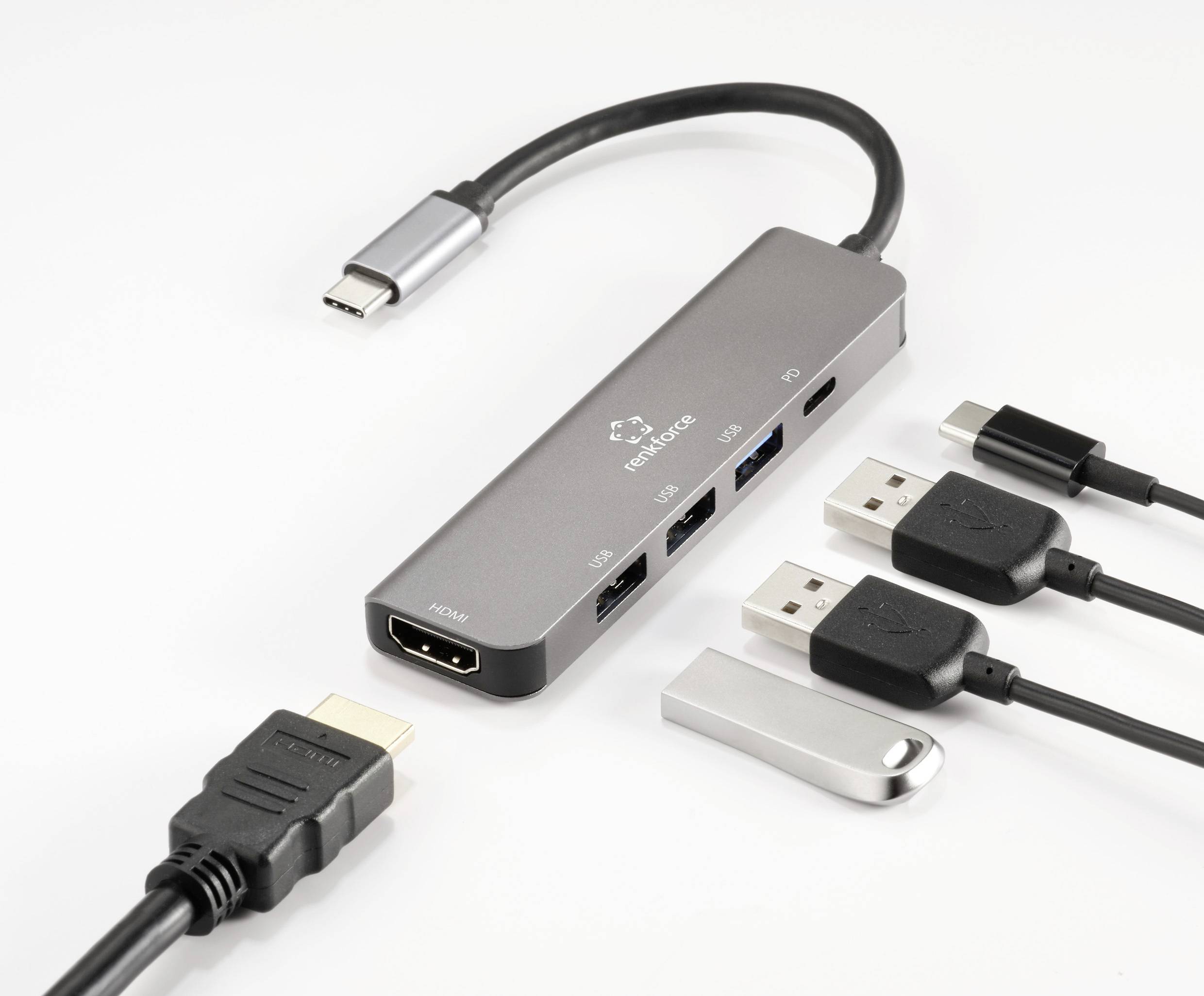 Multi-port adapter with USB-C connection, HDMI output and multiple USB ports. Connected with various cables and plugs.