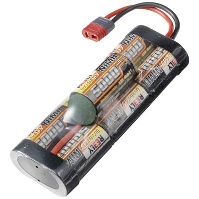 A long, cylindrical battery pack with multiple cells, red plug and black cable, marked with '3800 Energy NiMH'.