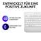 A white keyboard next to the symbols for 'Made with Recycled Plastic' and 'Certified Carbon Neutral'. Text: 'Designed for a Positive Future'.