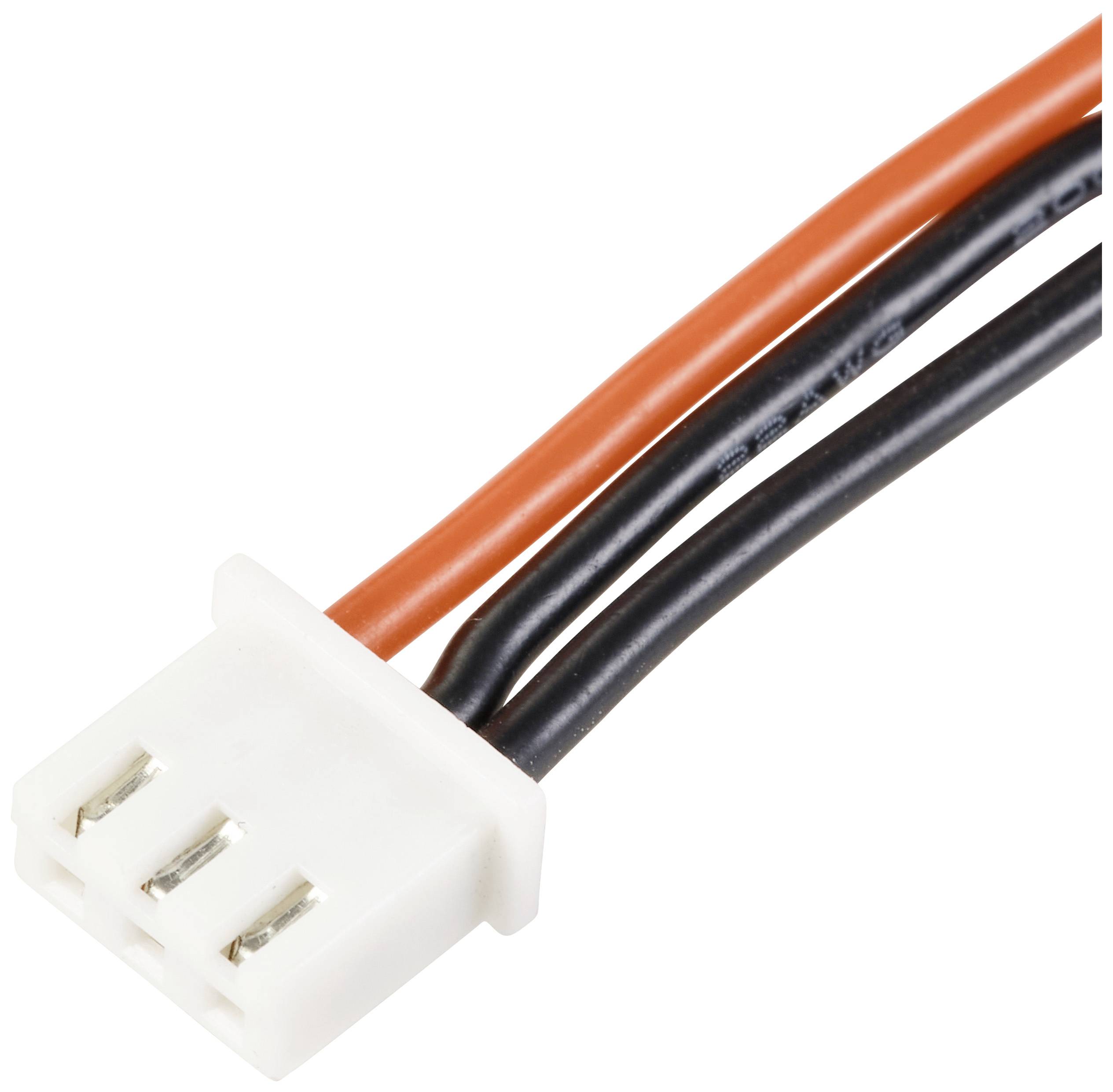 Three-core, multicoloured cable with white three-pin plastic plug; commonly used for electrical connections.