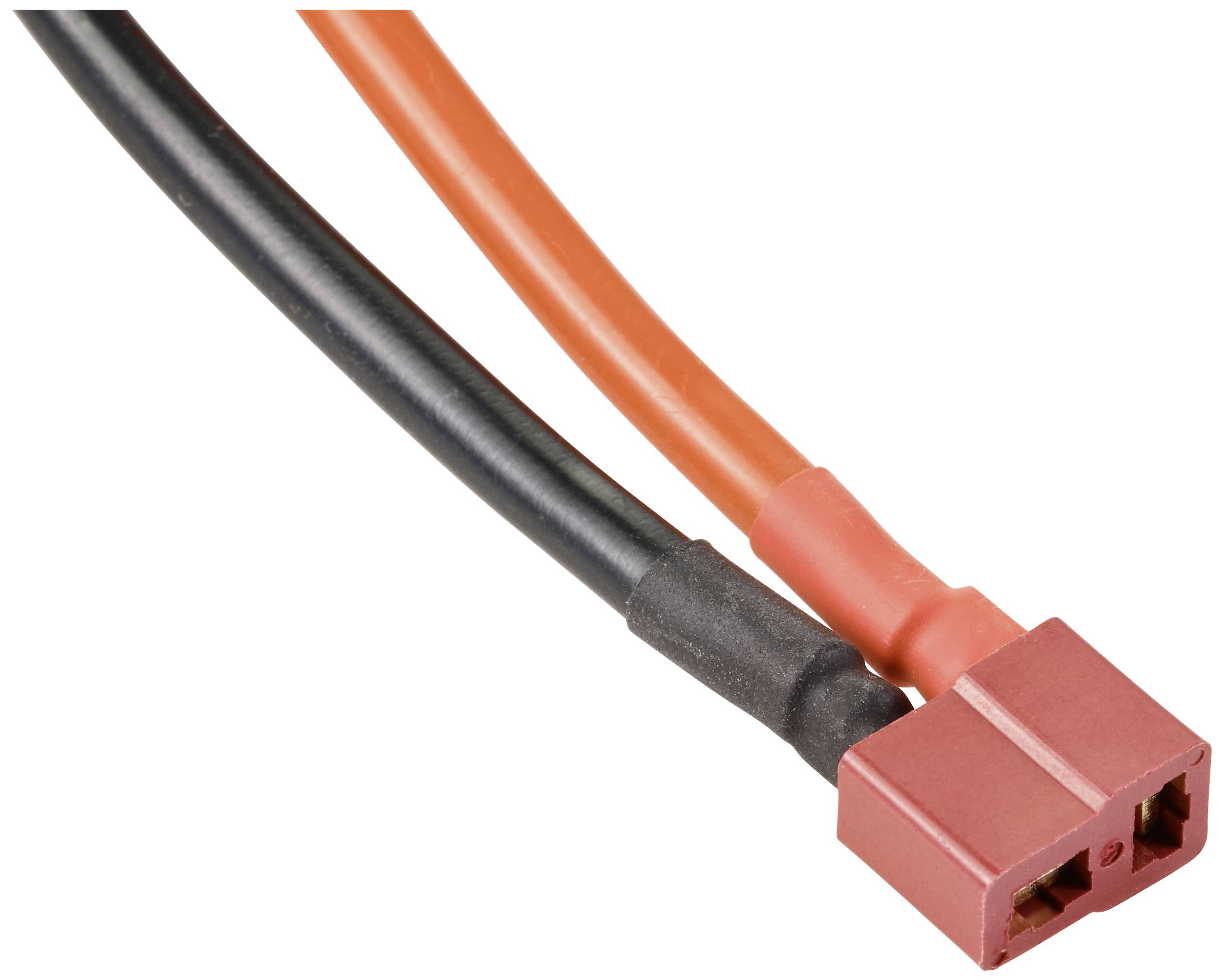 Close-up of a red connector with black and red cables capable of transmitting electricity or data.