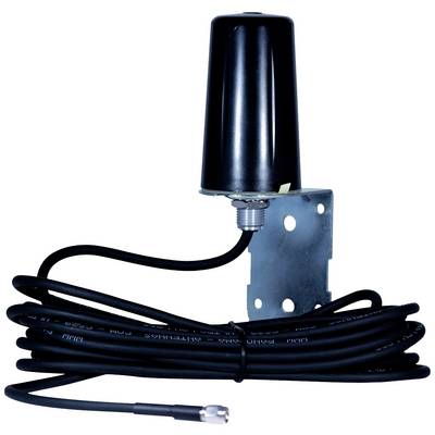 'Black, cylindrical antenna with cable and mounting bracket, suitable for outdoor use. Used for signal transmission or reception.'