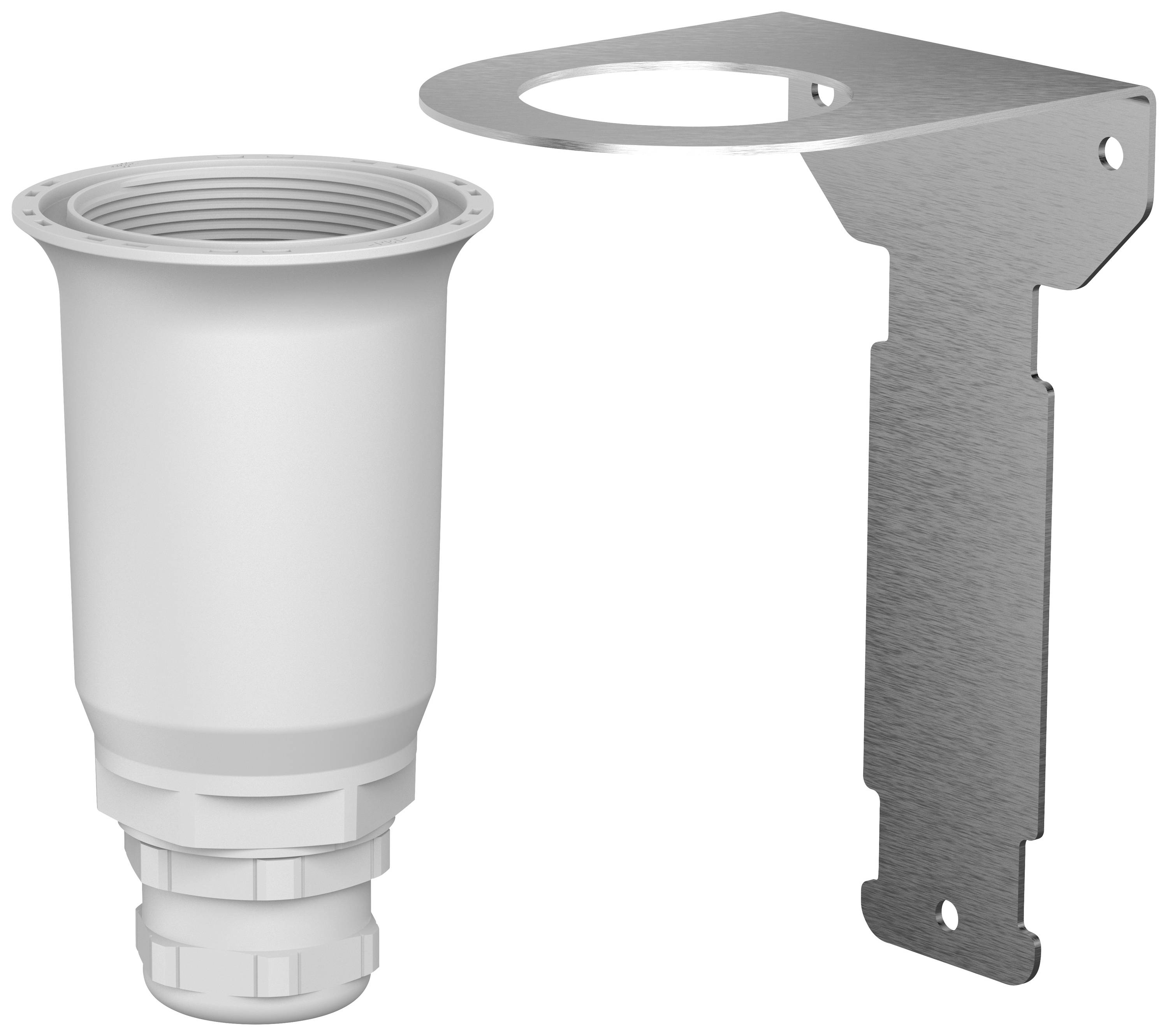 Metal bracket and plastic funnel, loosely placed side by side, presumably for technical or installation purposes.