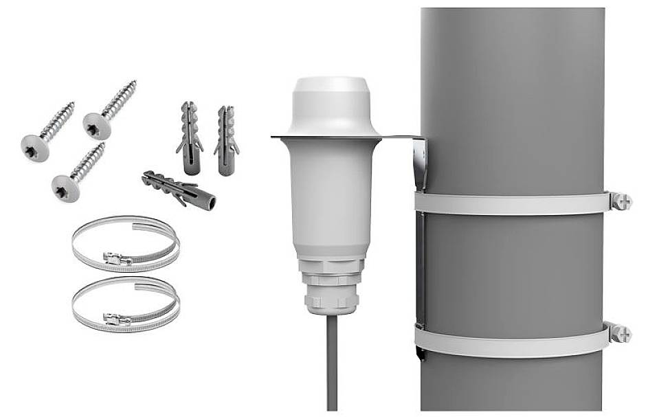 Mounting kit with screws, wall plugs, clips and bracket for securing a device to a pole.