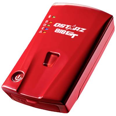 A red electronic device with four lights in different colours and a power button. Text at the top: 'QSTARZ 818 GT'.