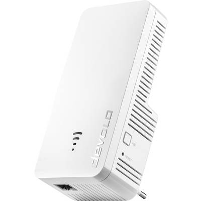 A white WiFi mesh adapter with the 'devolo' logo, Ethernet port, and LEDs for operational indication, ADD and RESET buttons.
