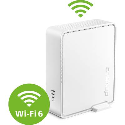 'Wi-Fi repeater with Wi-Fi 6 logo, shows compatibility with the latest Wi-Fi standard to improve network speed and coverage.'