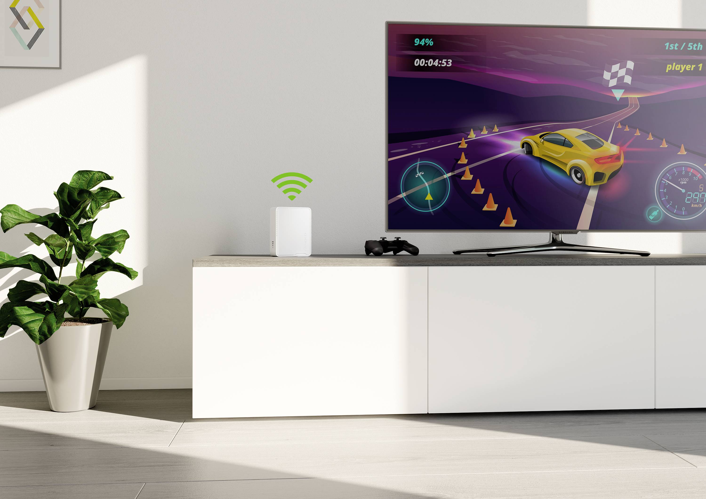 A living room with a television showing a car racing game, a sideboard with a Wi-Fi router and a gaming console, with a green plant on the left.